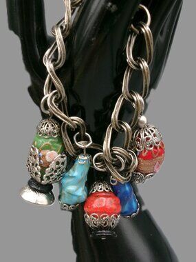 Vtg Chinese Lantern Style Charm Bracelet, Lampwork Art Glass Filigree Cage Cap